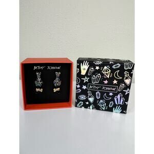 Betsey Johnson Kitty Cat Black Iridescent Pave Rhinestone Earrings in Gift Box